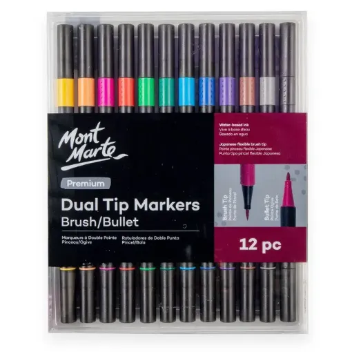 set 12 marcadores punta doble 0 6mm pta pincel premium mont marte lettering x12 colores vibrantes 0