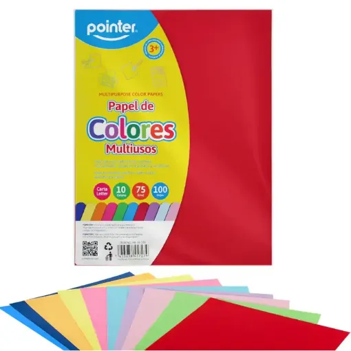 papel 75grs colores fuertes 22x28cms pointer paquete 100 unidades 10 colores diferentes 0