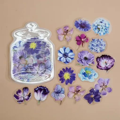 apliques pegatinas adhesivas impermeables pet motivo flores 4 6cms set x35 violetas 0