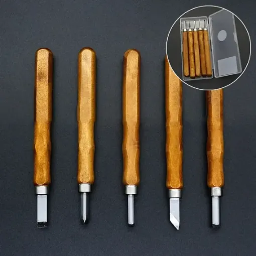 set 3 gubias mini acero profesionales mango madera para tallado fino estuche x5 modelos 0