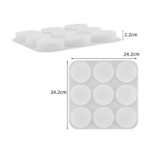 molde silicona para fabricar jabones artesanales 24x24cms x9 cavidades circulares 70x20mms liso 0