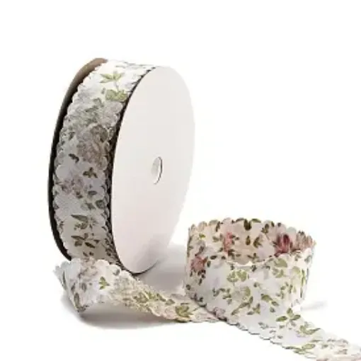 cinta tela poliester 25mms borde ondeado motivo floral rollo 18mts color blanco 0