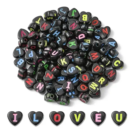 set cuentas acrilico forma corazon 6 5x4mms negro letras color x100 0