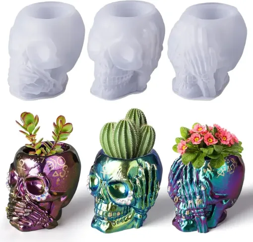 set 3 moldes silicona modelo macetas craneo calavera 3d 80x88mms lets resin x3 modelos 0