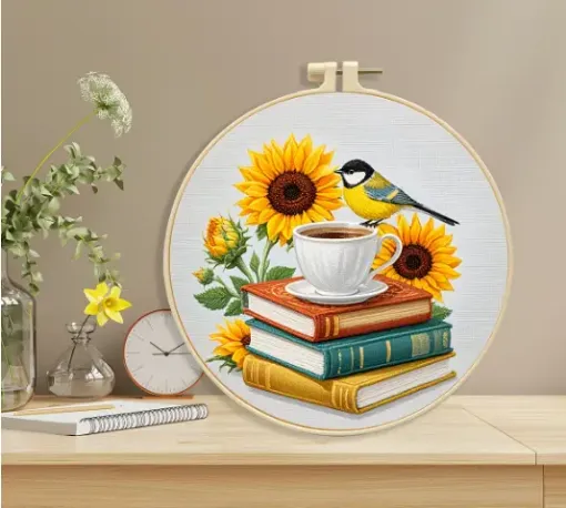 kit para bordar punto cruz 18cms incluye tela hilos agujas sin bastidor motivo impreso libros pajaro 0