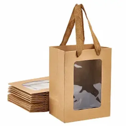 bolsa papel visor asa cinta tela medida 20x15x10 5cms color kraft por unidad 0