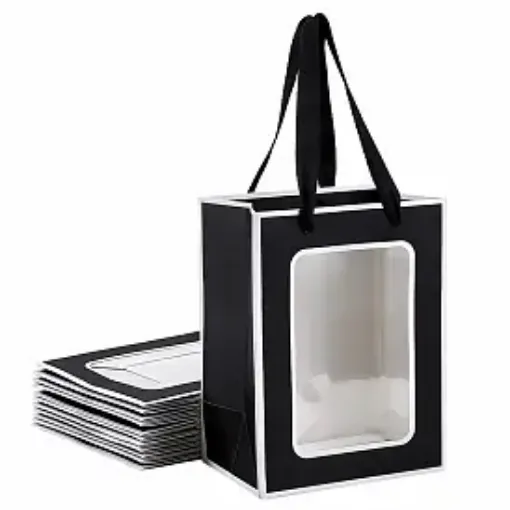 bolsa papel visor asa cinta tela medida 20x15x10 5cms color negro blanco por 12 unidades 0