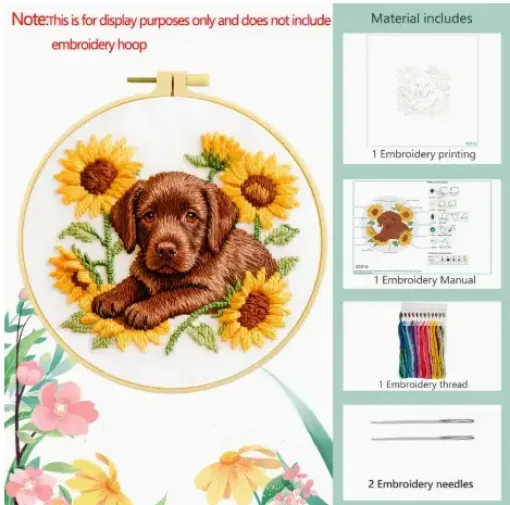 kit para bordar punto cruz 18cms incluye tela hilos agujas sin bastidor motivo impreso perro girasol 0