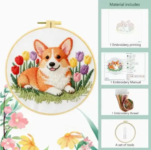 kit para bordar punto cruz 18cms incluye tela hilos agujas sin bastidor motivo impreso perro corgi 0