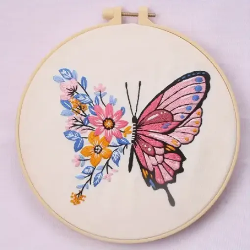 kit para bordar punto cruz 20cms incluye tela hilos agujas sin bastidor motivo mariposa rosa 0