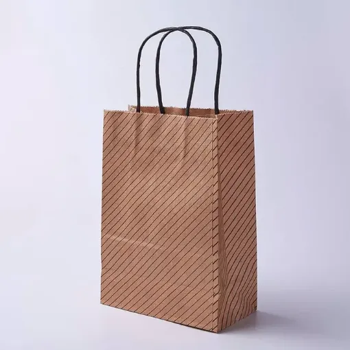 bolsa papel kraft asa cuerda negra medida 27x21x10cms color camel rayas x12 unidades 0