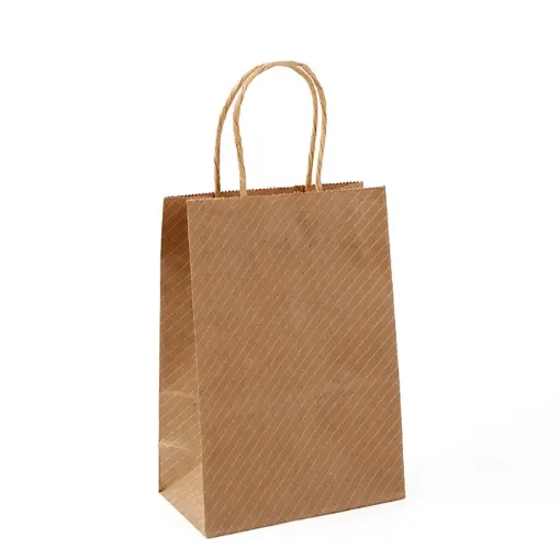 bolsa papel asa cuerda medida 15x21x8cms kraft motivo lineas blancas por 12 unidades 0
