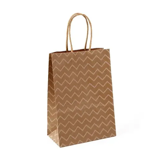 bolsa papel asa cuerda medida 15x21x8cms kraft motivo lineas zig zag blancas por 12 unidades 0