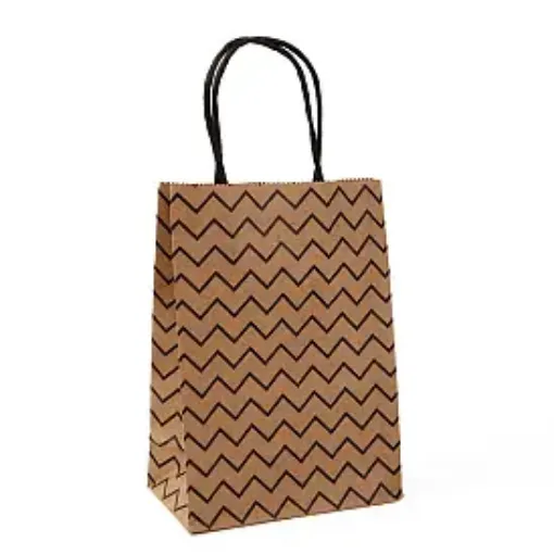 bolsa papel asa cuerda medida 15x21x8cms kraft motivo lineas zig zag negras x12 unidades 0