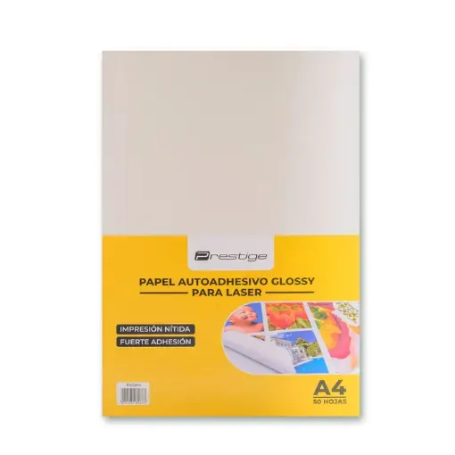 papel fotografico autoadhesivo brillante glossy para impresora laser prestige a4 paquete 50 hojas 0