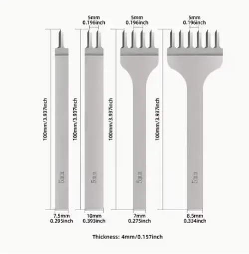 set herramientas para cuero acero x4 perforadoras espaciado 5mms 1 2 4 6 dientes 0