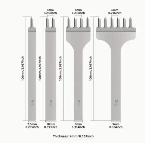 set herramientas para cuero acero x4 perforadoras espaciado 6mms 1 2 4 6 dientes 0