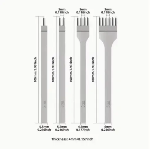 set herramientas para cuero acero x4 perforadoras espaciado 3mms 1 2 4 6 dientes 0