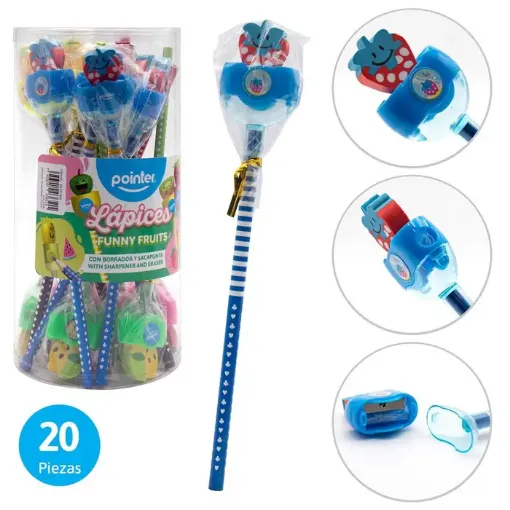 lapiz infantil largo medida 17cms goma sacapuntas funny fruits pointer varios colores 0