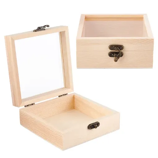 caja madera pino bisagras 10 5x10 5x5cms tapa calada vidrio broche 0
