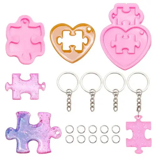 set 4 moldes silicona para resina epoxi motivo llaveros rompecabezas x4 accesorios 0