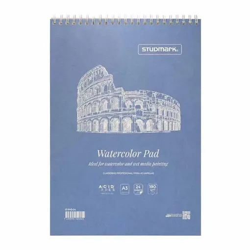 cuaderno anillado para acuarela studmark watrecolor pad medida a3 30x42cms 190grs 24 hojas 0