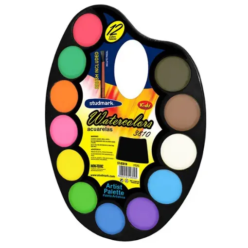 set acuarelas escolares studmark x12 colores paleta grande pincel st 03810 0