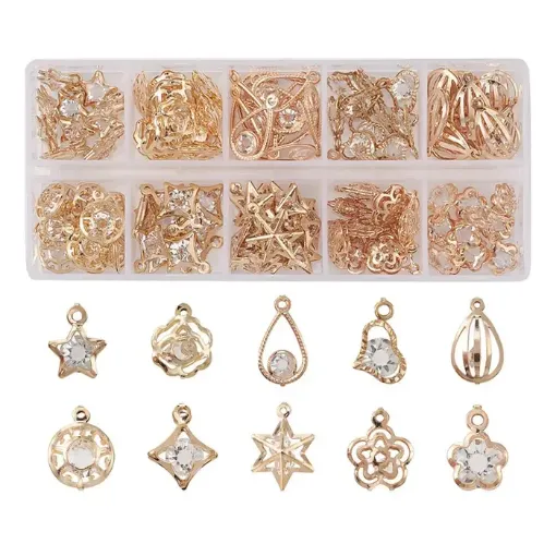 set 100 dijes colgantes metal enchapado 13 20mms color dorado claro strass x10 modelos 0