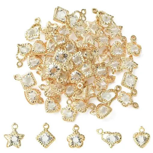 set 50 dijes colgantes metal hierro medida 15mms color dorado strass x5 modelos 0