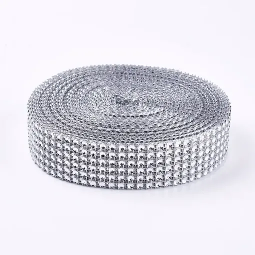 malla galon imitacion falso strass diamante redondo 3cms ancho rollo 900cms color plateado 0