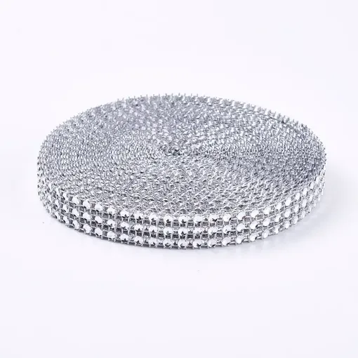malla galon imitacion falso strass diamante redondo 1 5cms ancho rollo 300cms color plateado 0