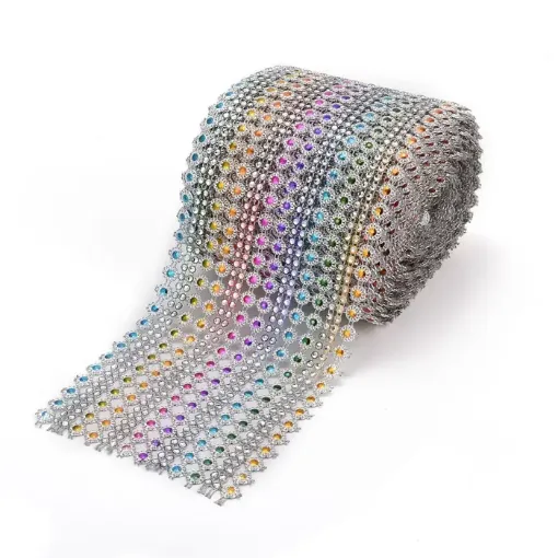 malla galon imitacion falso strass diamante redondo 12cms ancho rollo 900cms multicolor 0