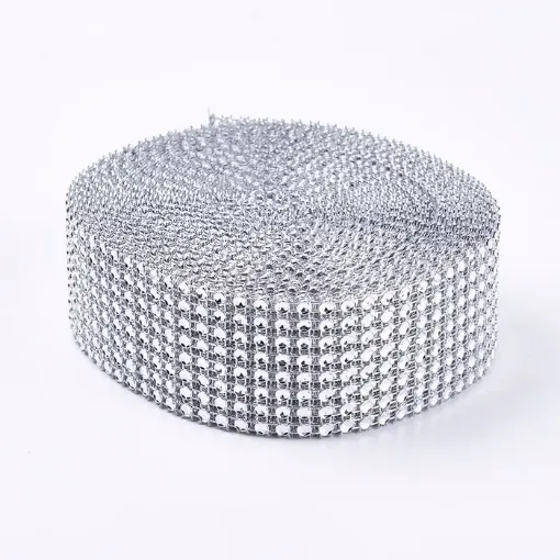 malla galon imitacion falso strass diamante redondo 4cms ancho rollo 300cms color plateado 0