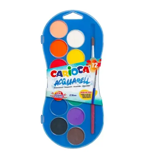 acuarelas escolares pastilla carioca estuche x12 colores pincel 0