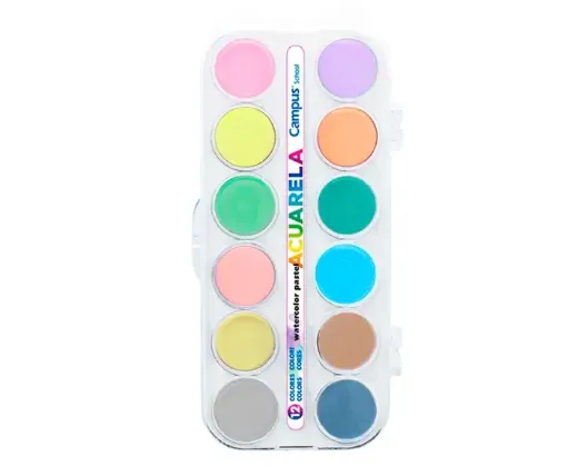 acuarelas escolares pastilla 30mms campus 2en estuche 12 colores pasteles pincel 0