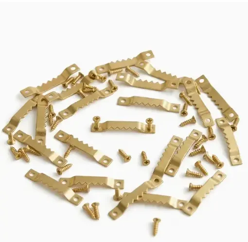gancho colgador dentado metalico sierra para cuadros medida 44x8mms tornillos dorado por 10 unidades 0