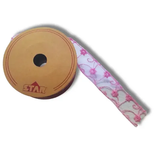 cinta tul 38mms star demetra color rosado flores por metro 0