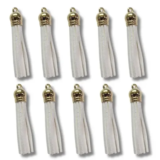 borla gamuza tiento capuchon metalico dorado para bijouterie 55x10mms x10 unidades color blanco 0