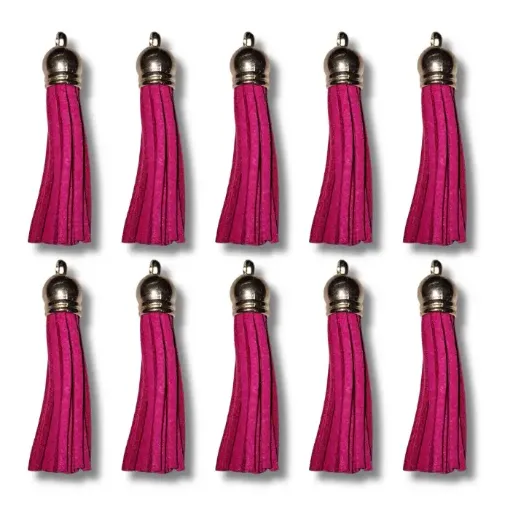 borla gamuza tiento capuchon metalico dorado para bijouterie 55x10mms x10 unidades color fucsia 0