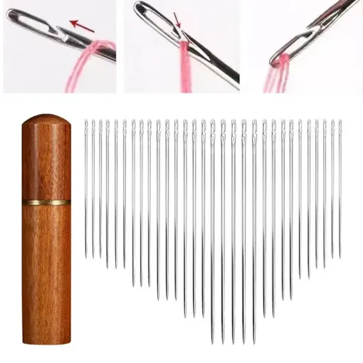 set 30 agujas para costura ojo grande x8 medidas diferentes estuche madera 0