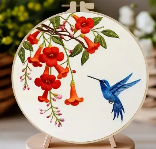 kit para bordar 20x20cms incluye tela hilos agujas sin bastidor motivo impreso colibri 0