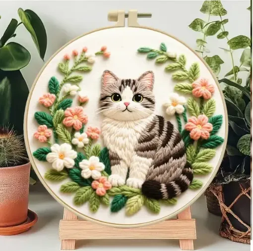 kit para bordar 20cms incluye tela hilos agujas sin bastidor motivo impreso gato flores 0