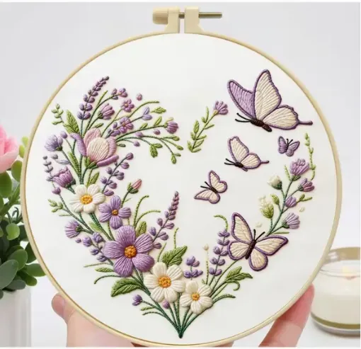 kit para bordar 20cms incluye tela hilos agujas sin bastidor motivo impreso jardin lila 0