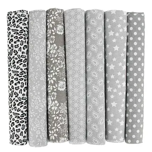 set 7 telas para patchwork 100 algodon 50x50cms x7 motivos diferentes grises 0
