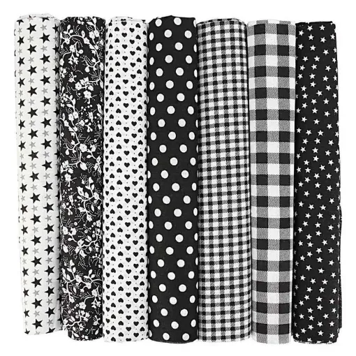 set 7 telas para patchwork 100 algodon 50x50cms x7 motivos diferentes negro grises 0