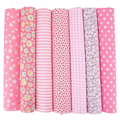 set 7 telas para patchwork 100 algodon 50x50cms x7 motivos diferentes rosados 0