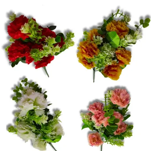 ramo flores artificiales clavelinas x7 follaje plastico 35cms varios colores 0