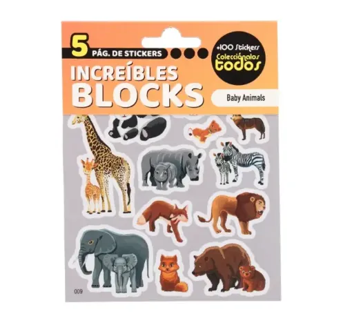 block 5 hojas stickers adhesivos 13x10cms motivo animales bebe 0