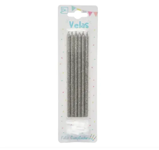 velas 140mms glitter x6 unidades color plateado 0