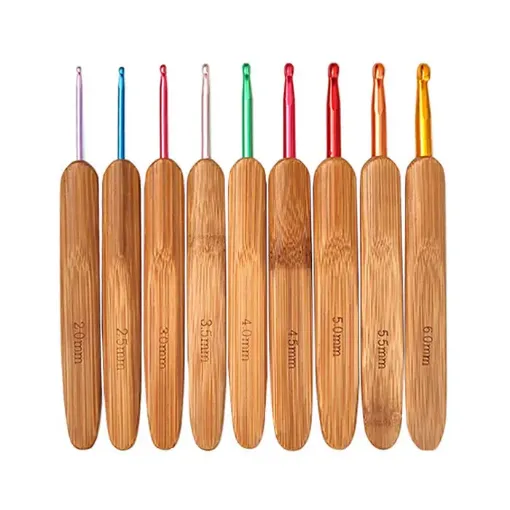 set 9 agujas crochet ganchillo mango madera bamboo 14cms x9 medidas 2 6mms 0